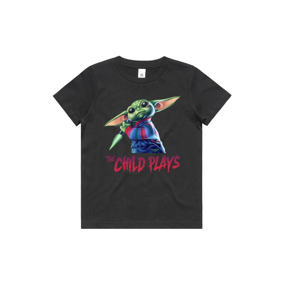 Front design of Grogu as Chucky from Childs Play printed on Black T-Shirt - Geekdom Tees - E-commerce