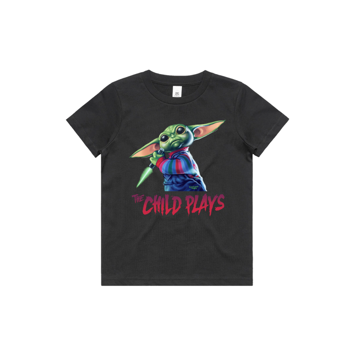 Front design of Grogu as Chucky from Childs Play printed on Black T-Shirt - Geekdom Tees - E-commerce