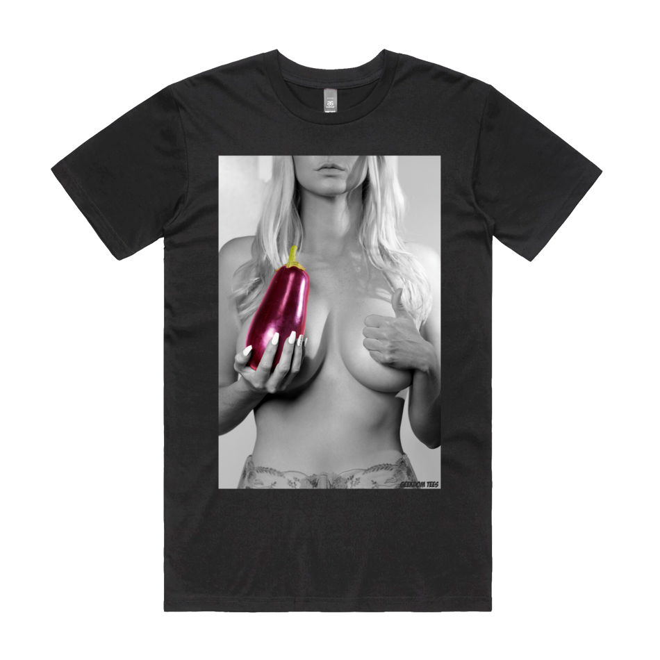 Front design of Photo of model holding an eggplant printed on Black T-Shirt - Geekdom Tees - E-commerce