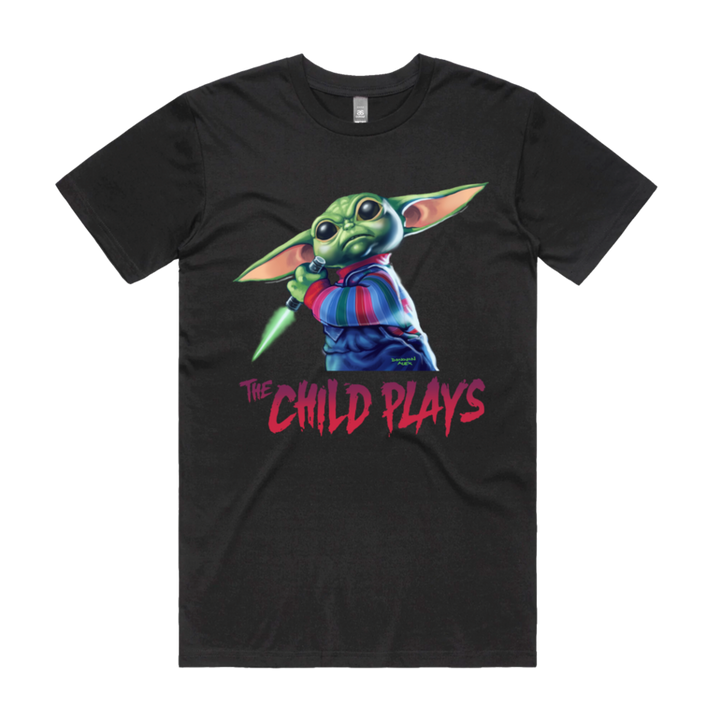 Front design of Grogu as Chucky from Childs Play printed on Black T-Shirt - Geekdom Tees - E-commerce