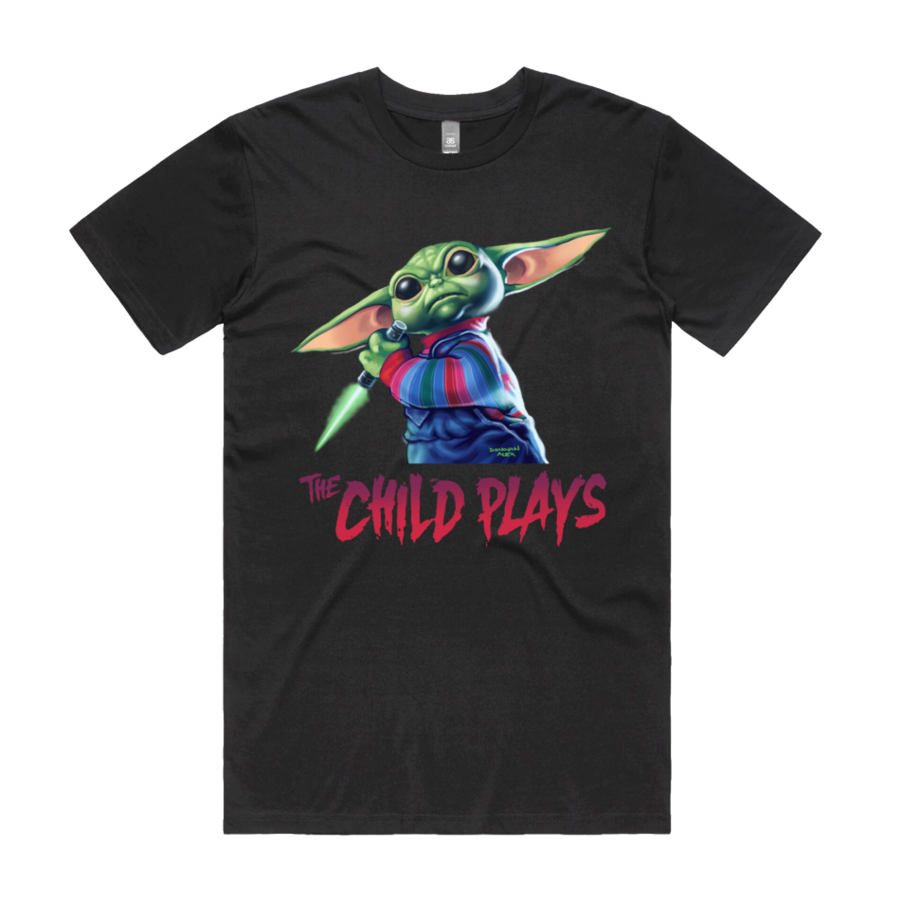 Front design of Grogu as Chucky from Childs Play printed on Black T-Shirt - Geekdom Tees - E-commerce