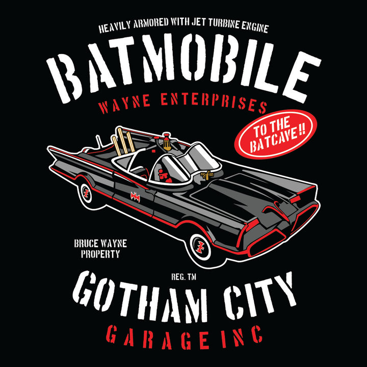 Front design of 1966 Bat Mobile printed on Black T-Shirt - Geekdom Tees - E-commerce