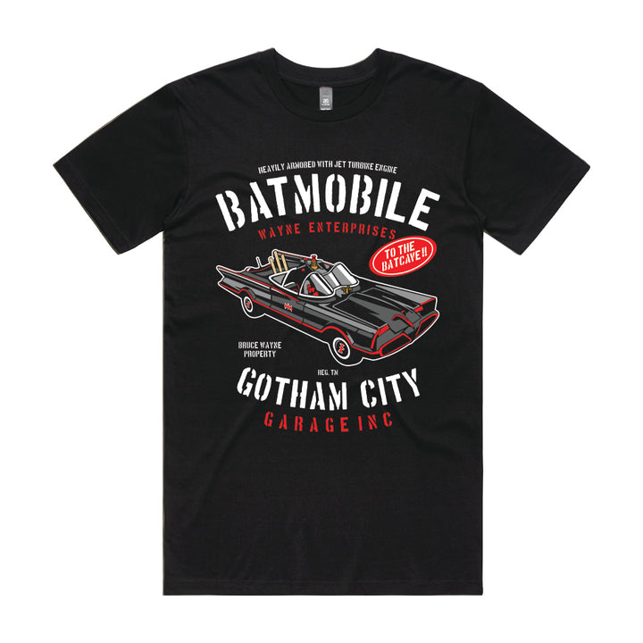 Front design of 1966 Bat Mobile printed on Black T-Shirt - Geekdom Tees - E-commerce