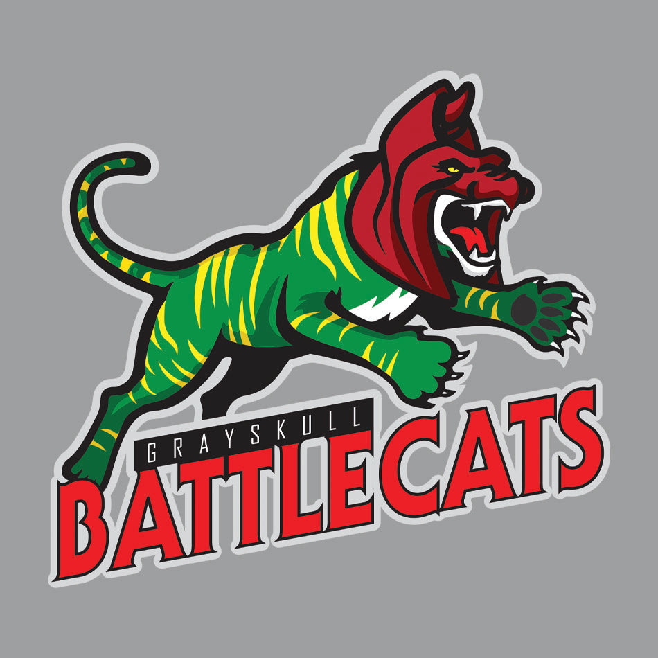 Front design of Battlecat as Sport Team mascot printed on Grey T-Shirt - Geekdom Tees - E-commerce