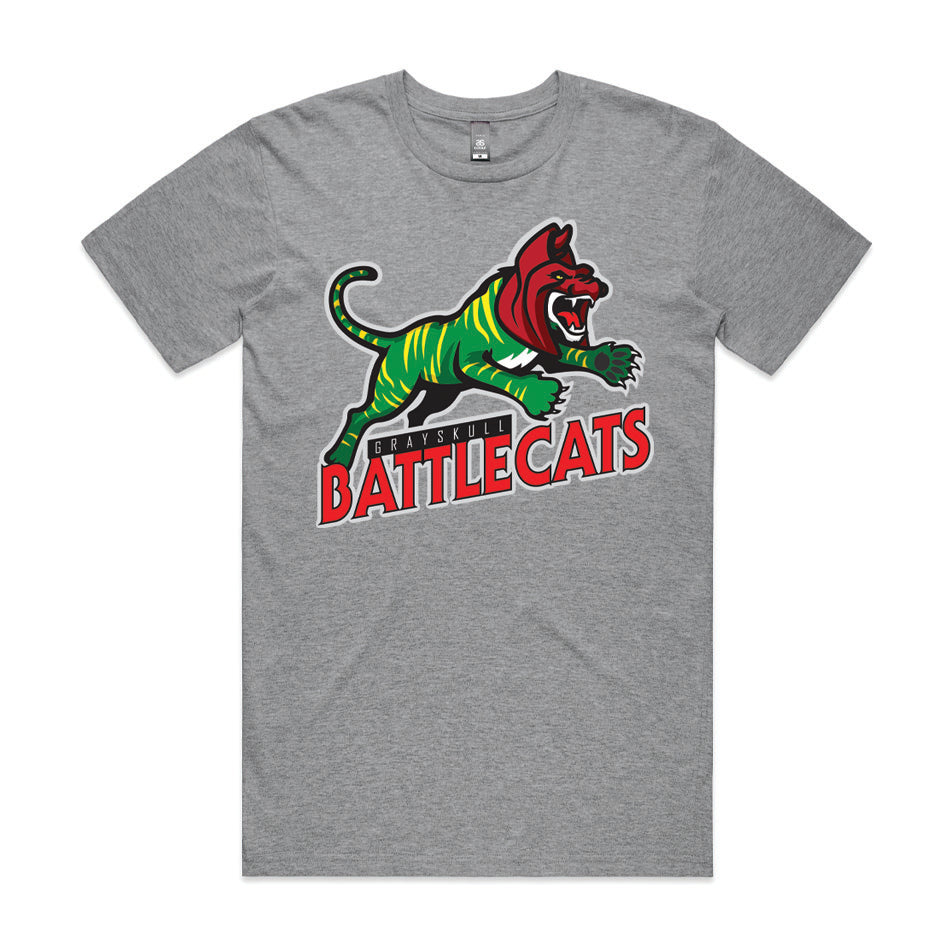 Front design of Battlecat as Sport Team mascot printed on Grey T-Shirt - Geekdom Tees - E-commerce