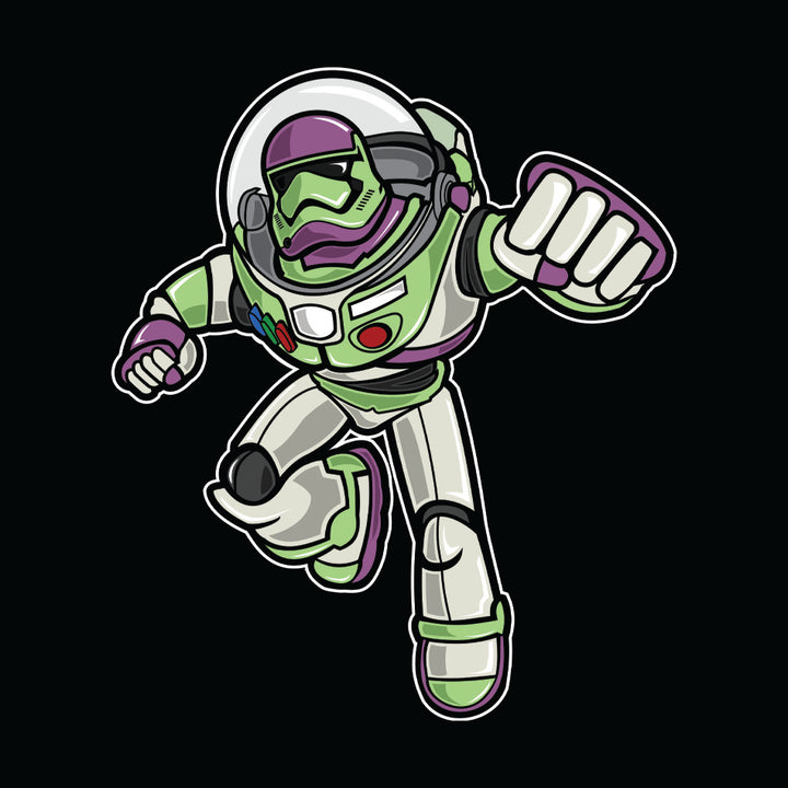 Front design of Storm Trooper as Buzz Lightyear printed on Black T-Shirt - Geekdom Tees - E-commerce