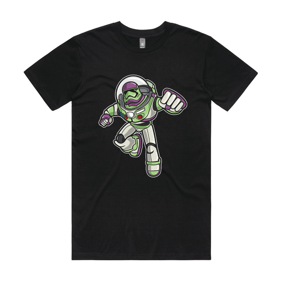 Front design of Storm Trooper as Buzz Lightyear printed on Black T-Shirt - Geekdom Tees - E-commerce