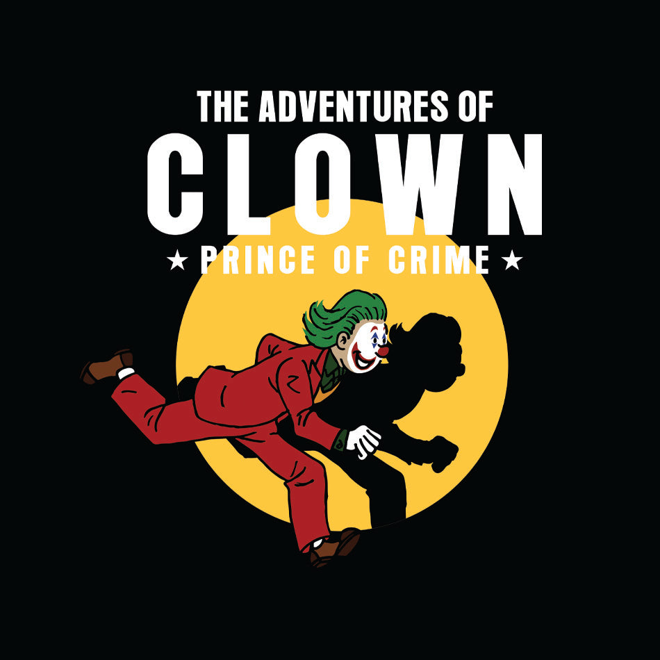 Front design of Joker in classic Tin Tin running pose printed on Black T-Shirt - Geekdom Tees - E-commerce