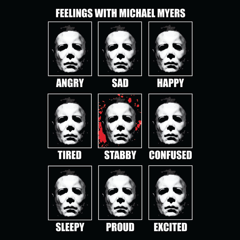 Front design of multiple Michael Myers faces printed on Black T-Shirt - Geekdom Tees - E-commerce