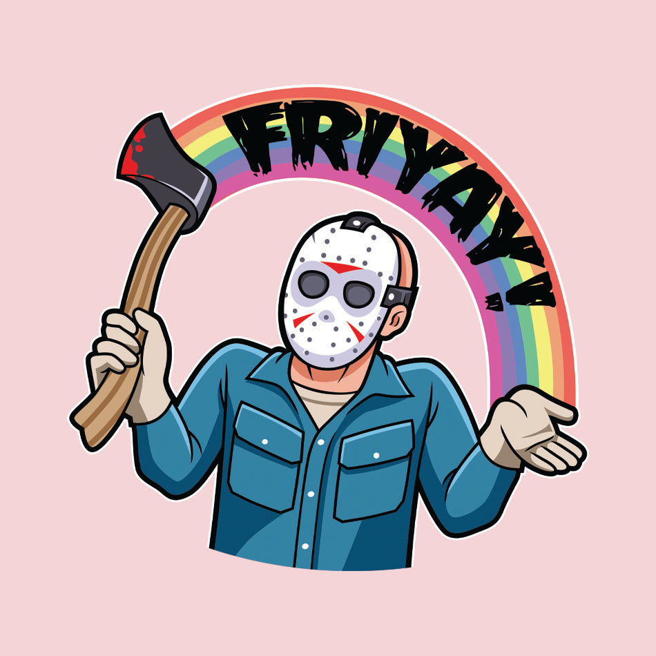 Front design of Jason Voohees with Rainbow that says Friyay printed on Pink shirt - Geekdom Tees - E-commerce