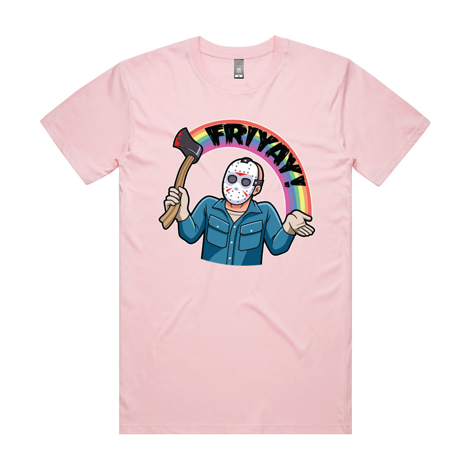 Front design of Jason Voohees with Rainbow that says Friyay printed on Pink shirt - Geekdom Tees - E-commerce