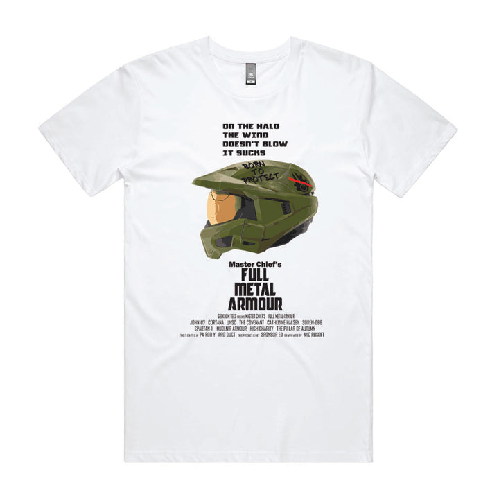 Front design of Halo Spartan helmet inspired by Full Metal Jacket printed on White T-Shirt - Geekdom Tees - E-commerce