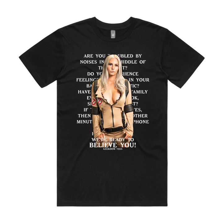 Front design of Sexy Ghostbuster in front of ad text printed on Black T-Shirt - Geekdom Tees - E-commerce