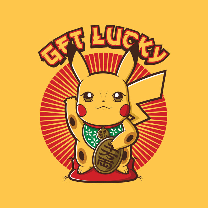 Front design of Pikachu as Chinese Lucky Cat printed on Yellow T-Shirt - Geekdom Tees - E-commerce