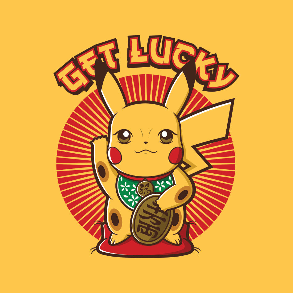 Front design of Pikachu as Chinese Lucky Cat printed on Yellow T-Shirt - Geekdom Tees - E-commerce