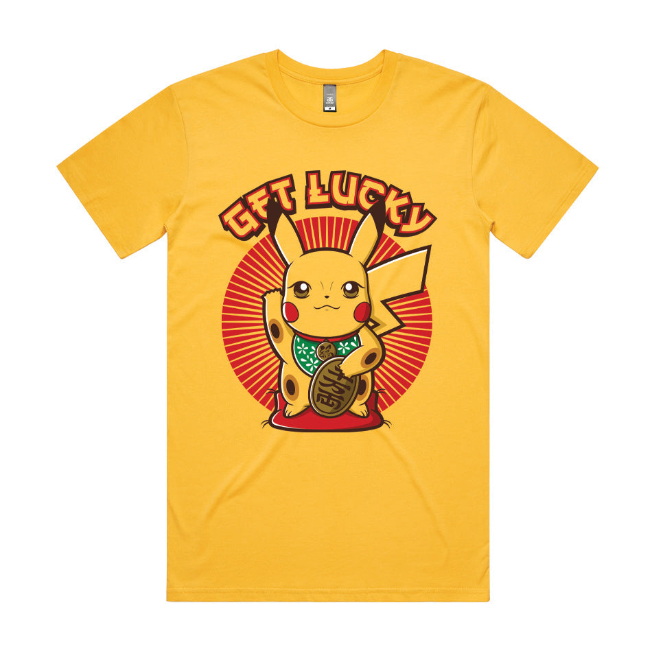 Front design of Pikachu as Chinese Lucky Cat printed on Yellow T-Shirt - Geekdom Tees - E-commerce