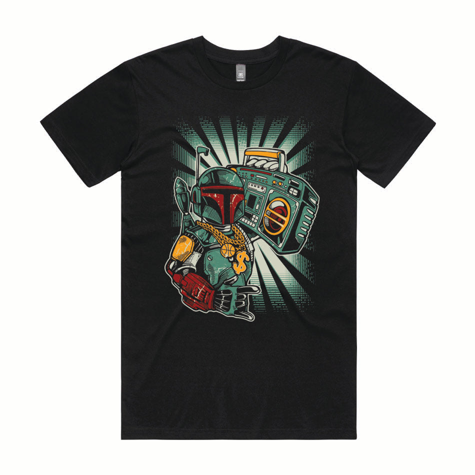 Front design of Boba Fett holding ghetto blaster printed on Black T-Shirt - Geekdom Tees - E-commerce