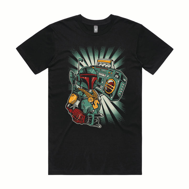 Front design of Boba Fett holding ghetto blaster printed on Black T-Shirt - Geekdom Tees - E-commerce