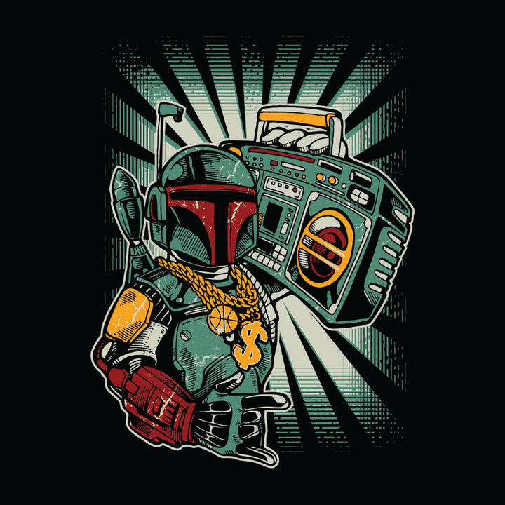 Front design of Boba Fett holding ghetto blaster printed on Black T-Shirt - Geekdom Tees - E-commerce