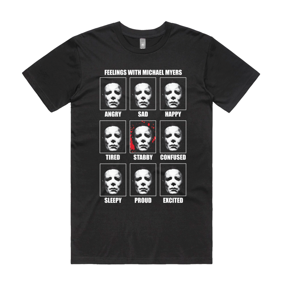 Front design of multiple Michael Myers faces printed on Black T-Shirt - Geekdom Tees - E-commerce