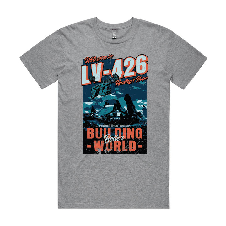 Front design of Welcome to LV-426 printed on Grey T-Shirt - Geekdom Tees - E-commerce