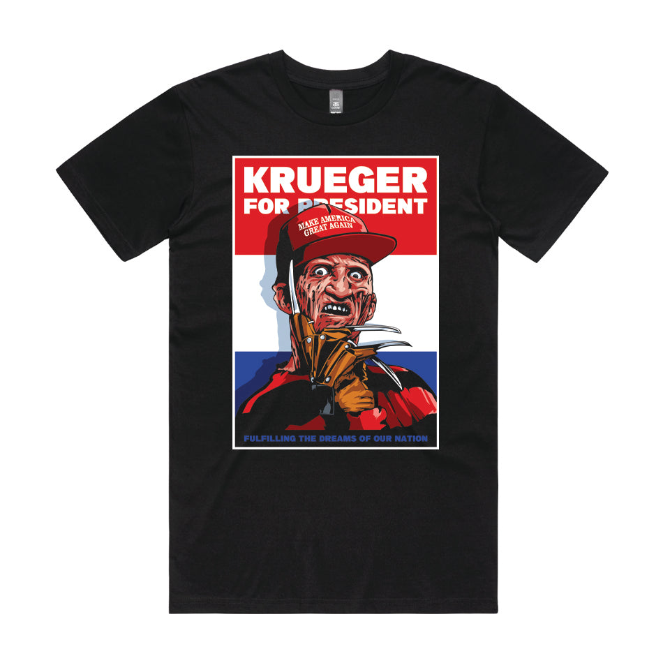 Front design of Freddy Krueger for President printed on Black T-Shirt - Geekdom Tees - E-commerce