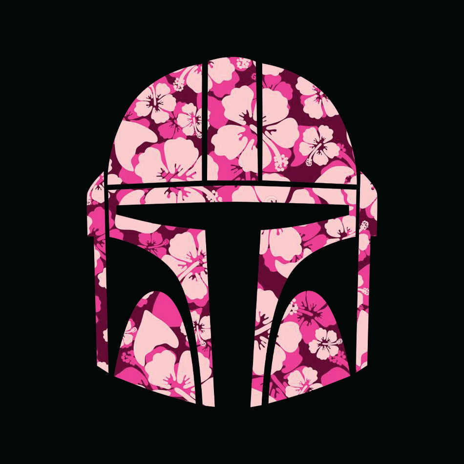 Front design of Mandalorian in Hawaiian design printed on Black T-Shirt - Geekdom Tees - E-commerce