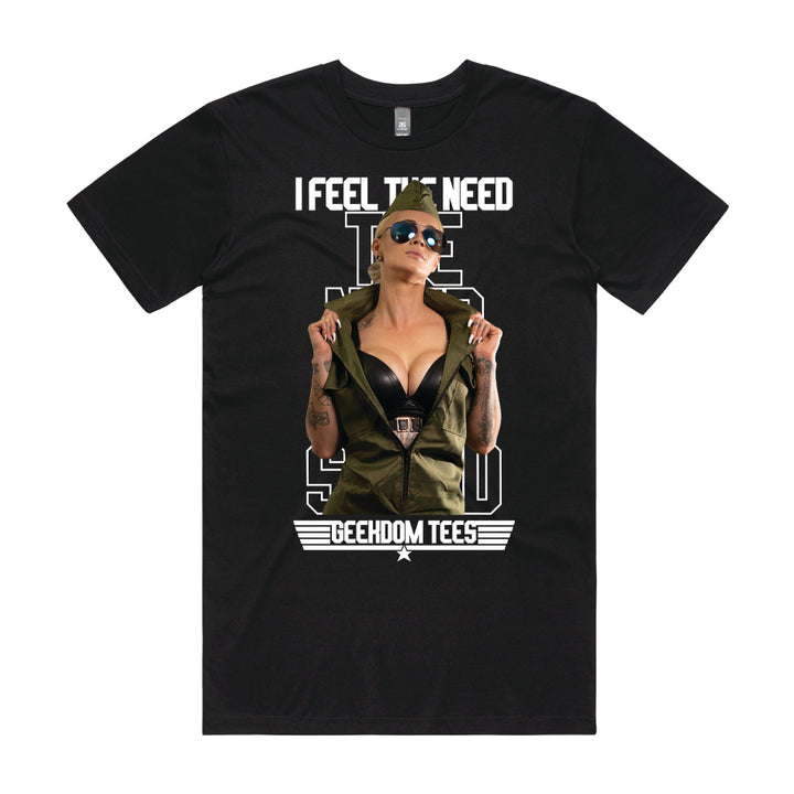 Front design of Jessica as Top Gun Pilot in front of Need for Speed text printed on Black T-Shirt - Geekdom Tees - E-commerce