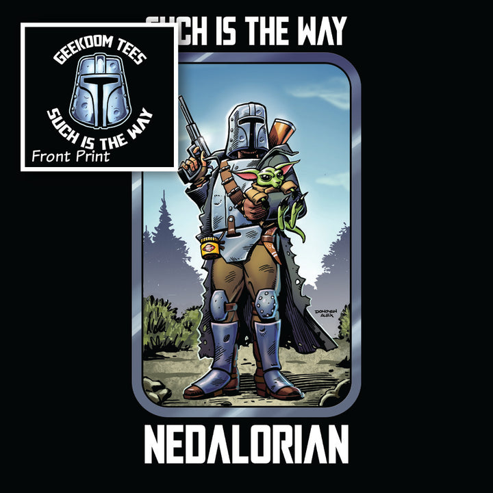 Design of Ned Kelly as Mandalorian with joey Grogu printed on Black T-Shirt - Geekdom Tees - E-commerce