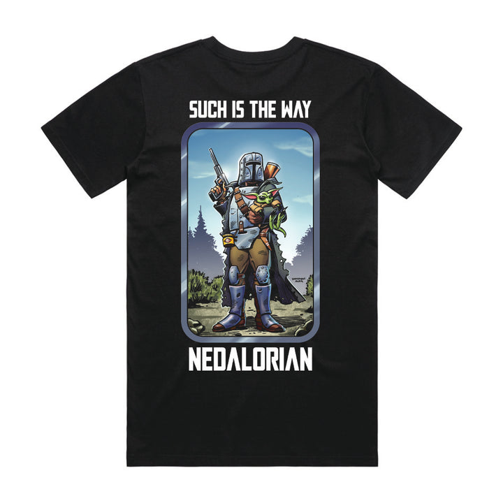 Back design of Mandalorian as Ned Kelly printed on Black T-Shirt - Geekdom Tees - E-commerce