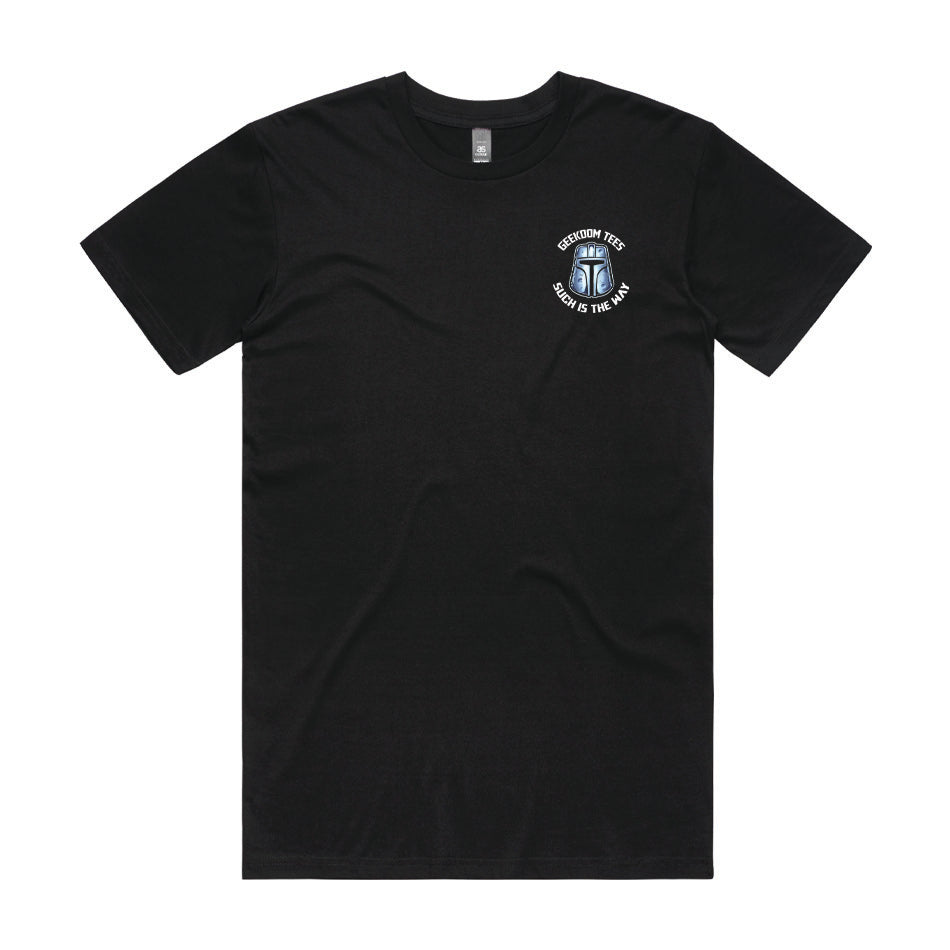 Front pocket design of Mandalorian helmet printed on Black T-Shirt - Geekdom Tees - E-commerce