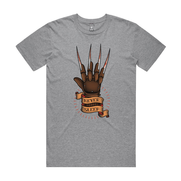 Front design of Freddy Krueger's glove printed on Grey T-Shirt - Geekdom Tees - E-commerce