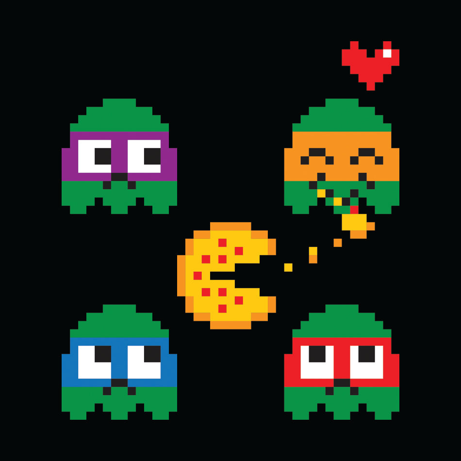 Front design of TMNT in 8 bit Pac-Man style printed on Black T-Shirt - Geekdom Tees - E-commerce