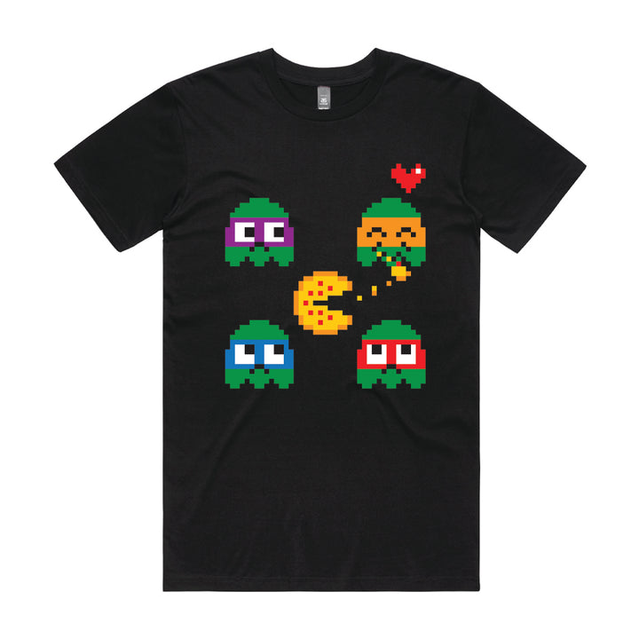 Front design of TMNT in 8 bit Pac-Man style printed on Black T-Shirt - Geekdom Tees - E-commerce