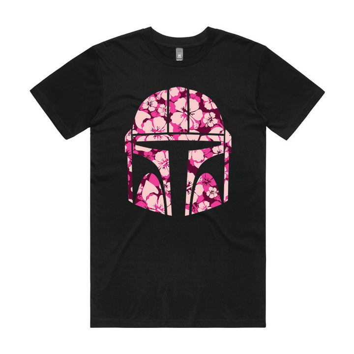 Front design of Mandalorian in Hawaiian design printed on Black T-Shirt - Geekdom Tees - E-commerce