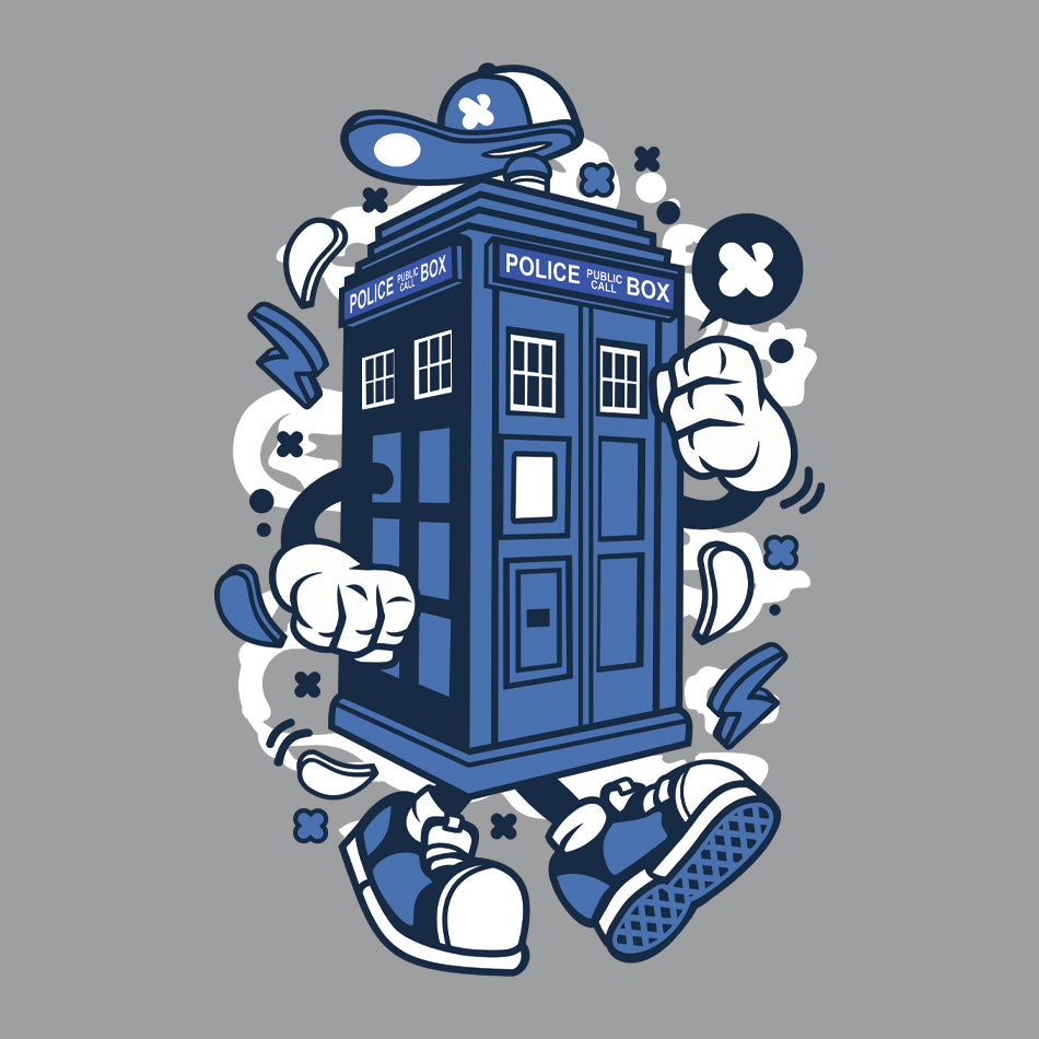 Front design of TARDIS Character walking printed on Grey T-shirt - Geekdom Tees - E-commerce