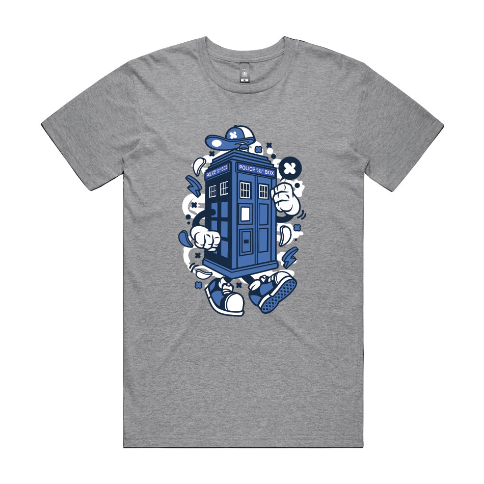 Front design of TARDIS Character walking printed on Grey T-shirt - Geekdom Tees - E-commerce