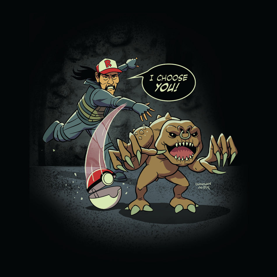 Front design of Danny Trejo throwing Pokeball choosing Rancor printed on Black T-Shirt - Geekdom Tees - E-commerce