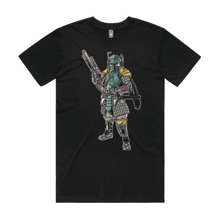 Front design of Boba Fett Samurai printed on Black T-Shirt - Geekdom Tees - E-commerce