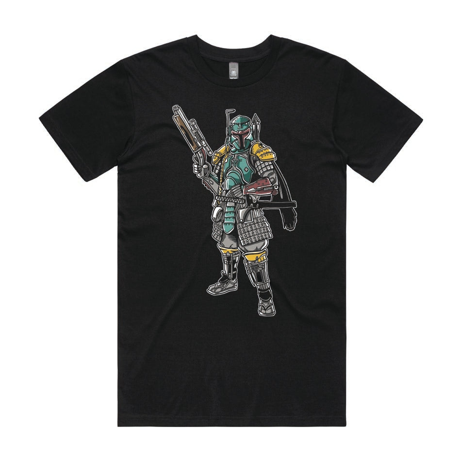 Front design of Boba Fett Samurai printed on Black T-Shirt - Geekdom Tees - E-commerce