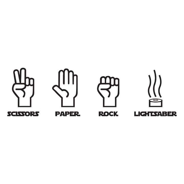 Front design of Scissors, Paper, Rock and Lightsaber printed on White T-Shirt - Geekdom Tees - E-commerce