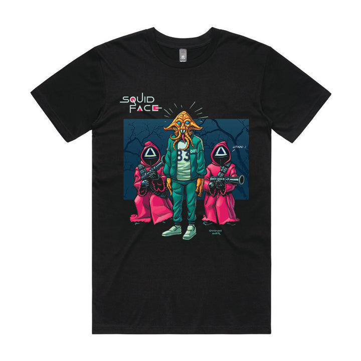 Front design of Squid Head in tracksuit with two Jawa guards as per Squid Games printed on Black T-Shirt - Geekdom Tees - E-commerce