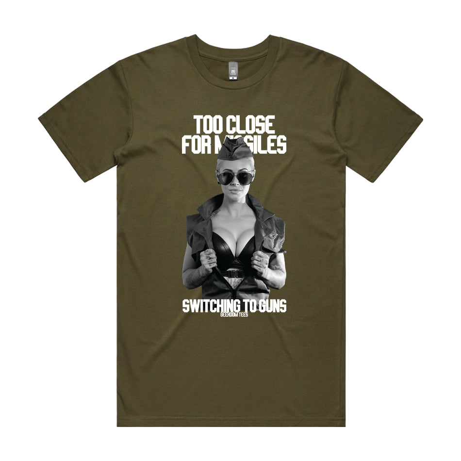 Front design of Jessica as Top Gun Pilot in front of Too close for Missiles text printed on Army T-Shirt - Geekdom Tees - E-commerce