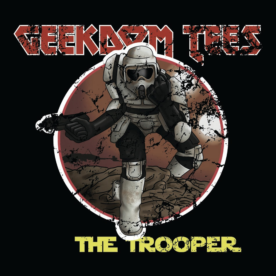 Front design of The Scout Trooper printed on Black T-Shirt - Geekdom Tees - E-commerce