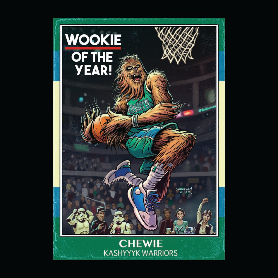 Front design of Chewbacca as Basketballer up for a dunk printed on Black T-Shirt - Geekdom Tees - E-commerce