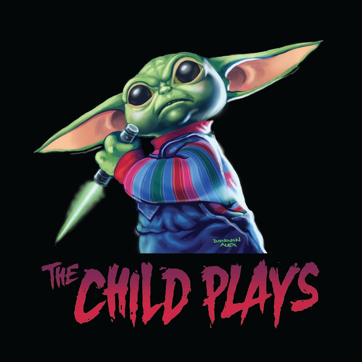 Front design of Grogu as Chucky from Childs Play printed on Black T-Shirt - Geekdom Tees - E-commerce