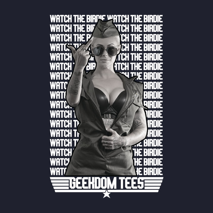 Front design of Jessica as Top Gun Pilot in front of Watch the Birdie text printed on Navy T-Shirt - Geekdom Tees - E-commerce