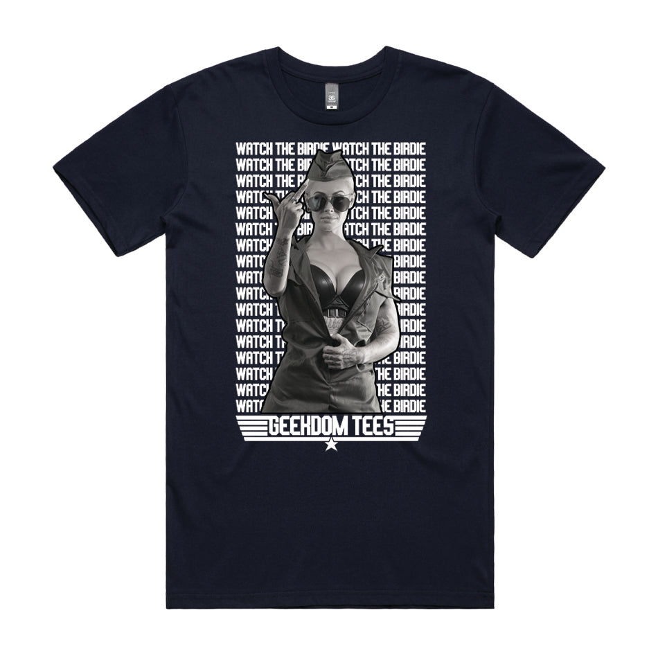 Front design of Jessica as Top Gun Pilot in front of Watch the Birdie text printed on Navy T-Shirt - Geekdom Tees - E-commerce