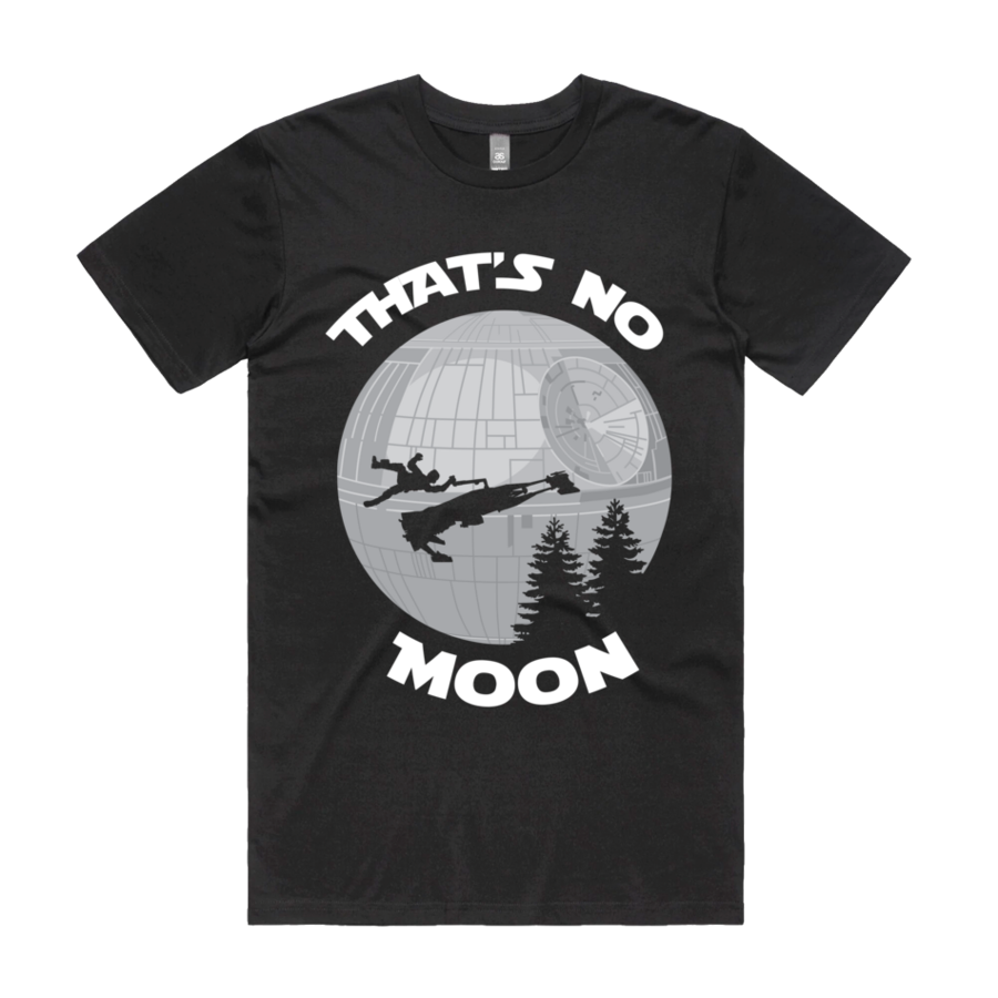 Front design of Speeder Bike silhouette over Death Star Moon like E.T. printed on Black T-Shirt - Geekdom Tees - E-commerce