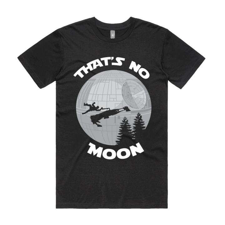 Front design of Speeder Bike silhouette over Death Star Moon like E.T. printed on Black T-Shirt - Geekdom Tees - E-commerce